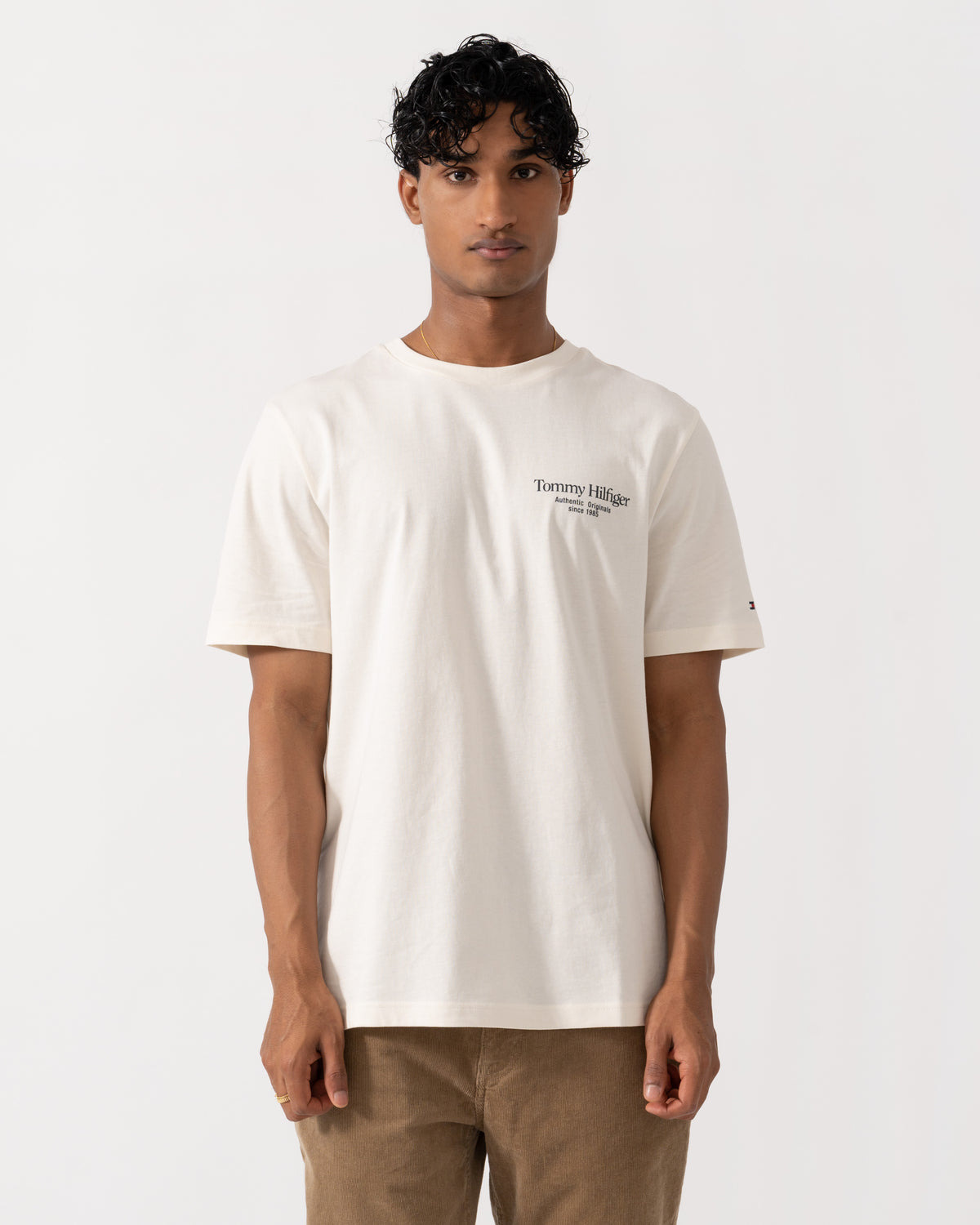 Front of the Tommy Hilfiger Mens Back Text Seasonal Graphic T-Shirt - Ivory Petal