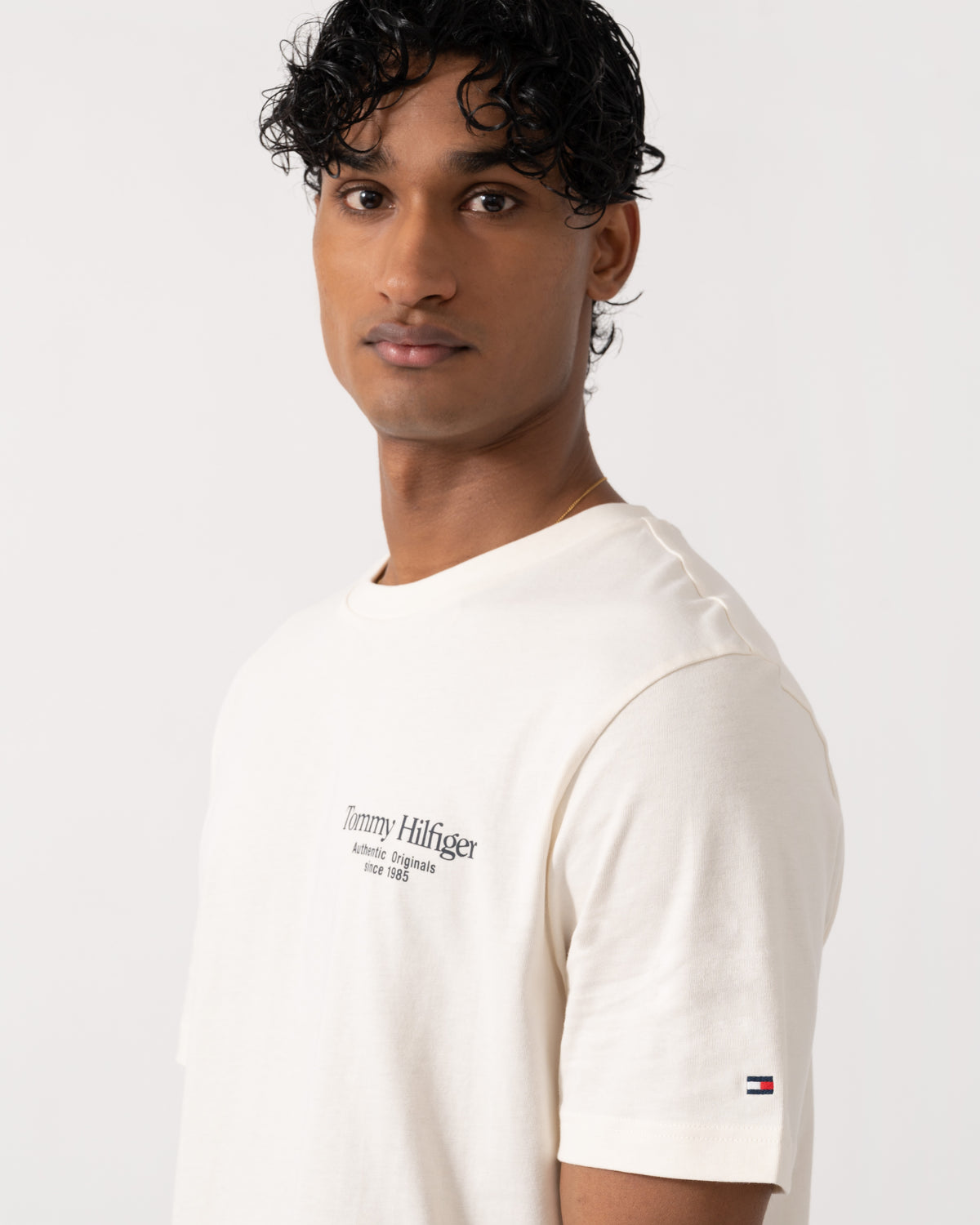 Close up on the Tommy Hilfiger Mens Back Text Seasonal Graphic T-Shirt - Ivory Petal