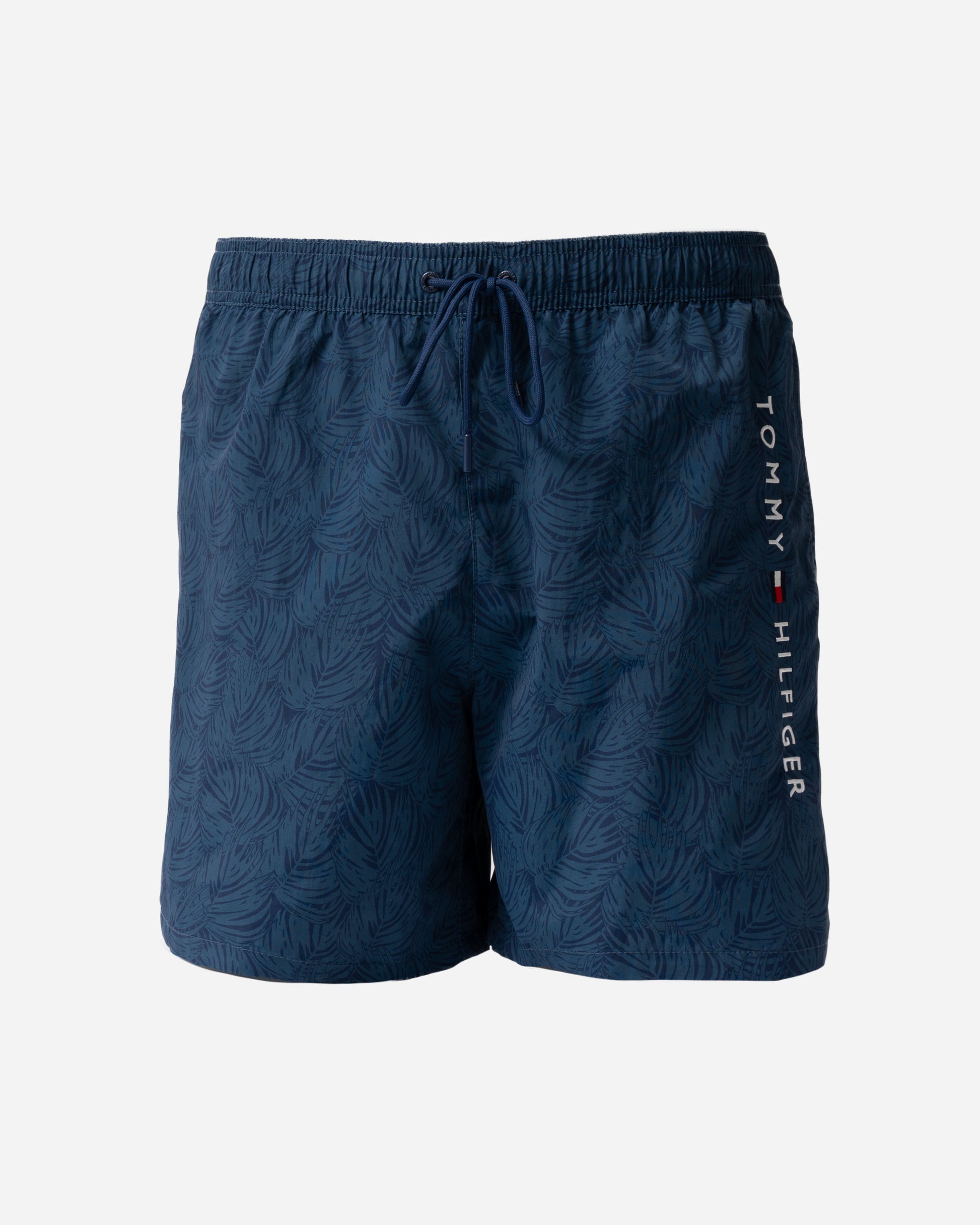 front of Tommy Hilfiger Print Mens Drawstring Swimming Shorts in  Palm Leaf Aegean Sea