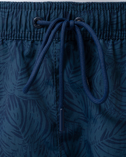 close up of of Tommy Hilfiger Print Mens Drawstring Swimming Shorts in  Palm Leaf Aegean Sea
