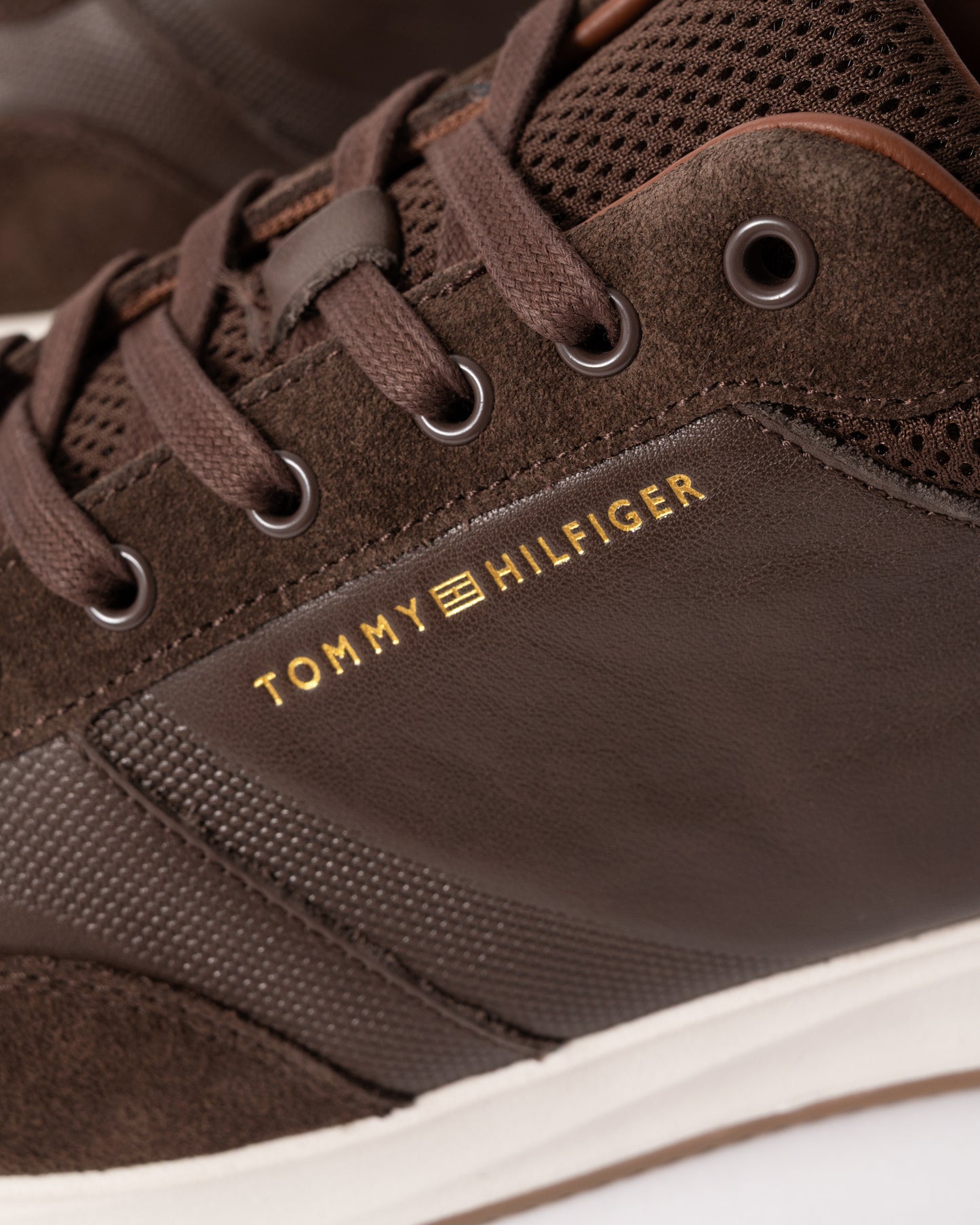 close up view of Tommy Hilfiger TH Dressy Mens Suede Mix Trainers in Cocoa