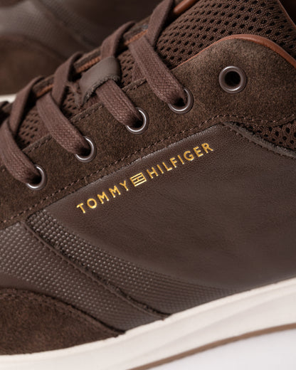 close up view of Tommy Hilfiger TH Dressy Mens Suede Mix Trainers in Cocoa