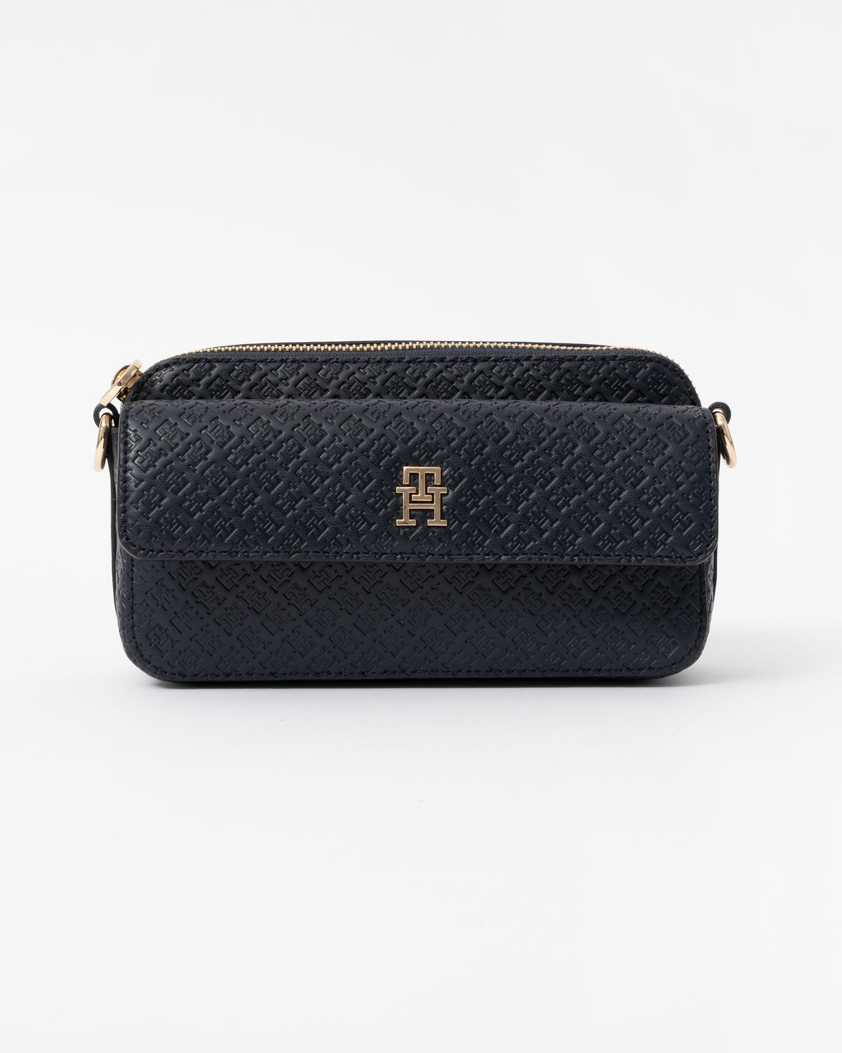 Front of the Tommy Hilfiger TH Icon Womens Mono Print Camera Bag - Space Blue