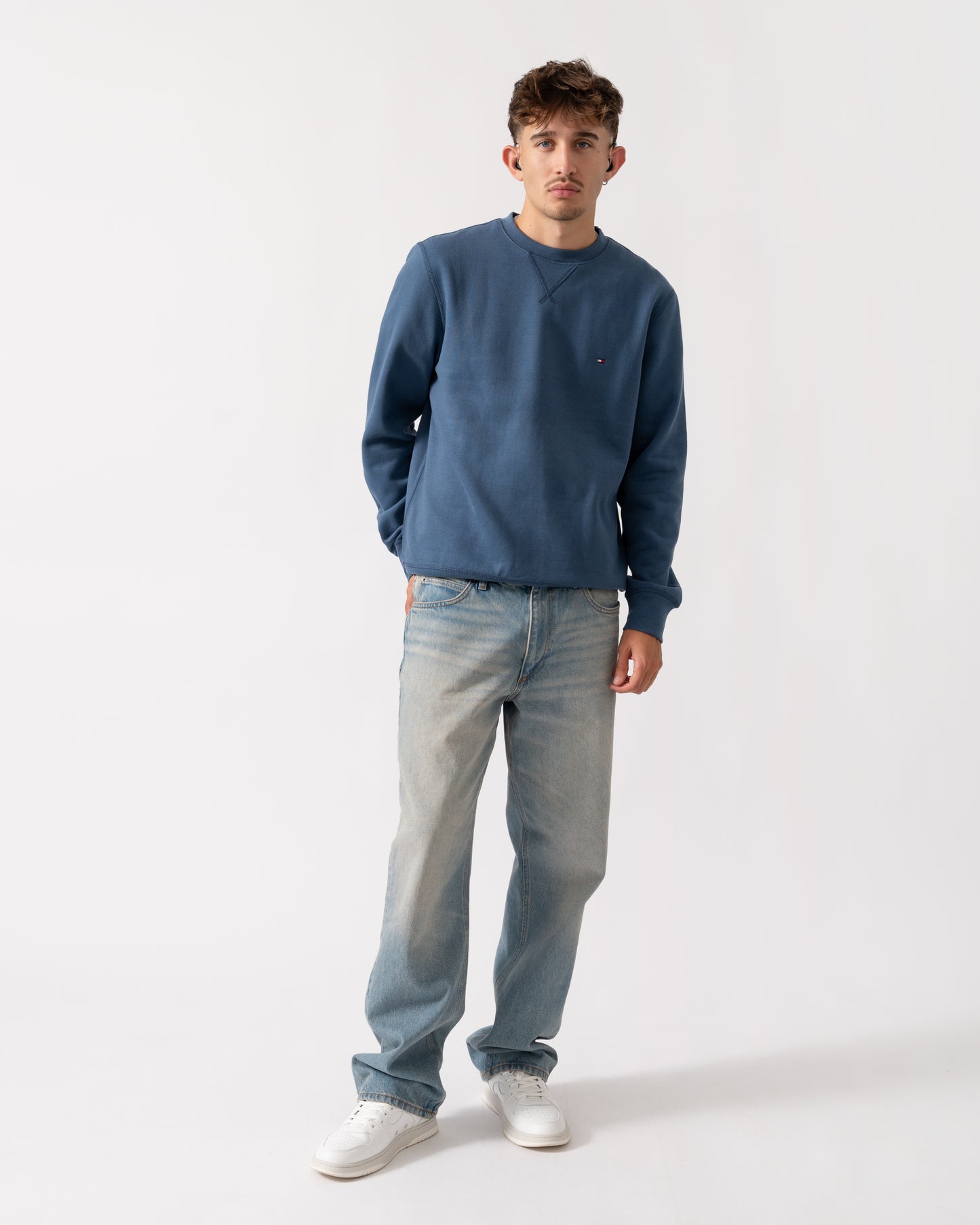 Tommy Hilfiger Essential Flag Embroidery Mens Fleece Crew Sweatshirt - Aegean Sea