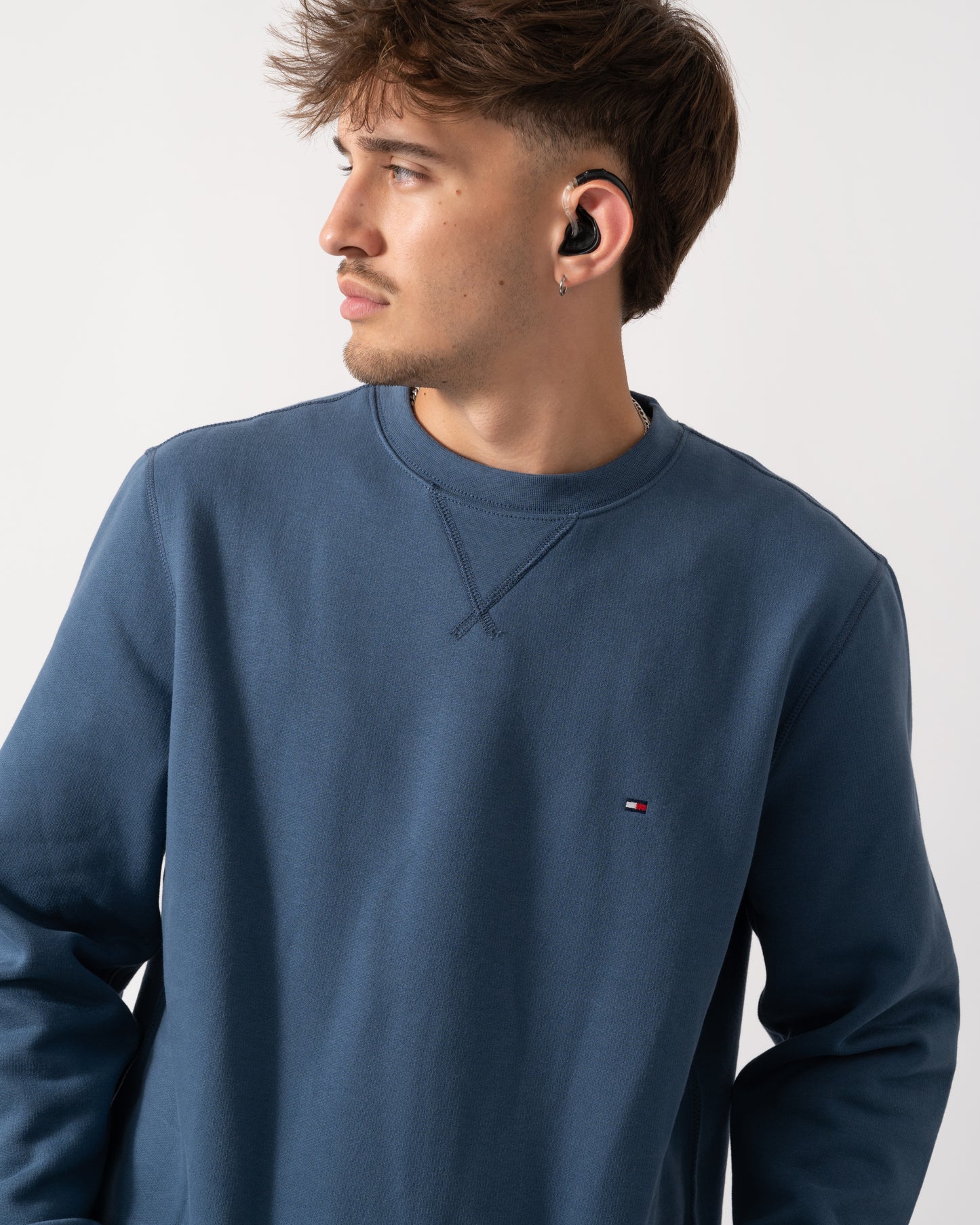 Tommy Hilfiger Essential Flag Embroidery Mens Fleece Crew Sweatshirt - Aegean Sea