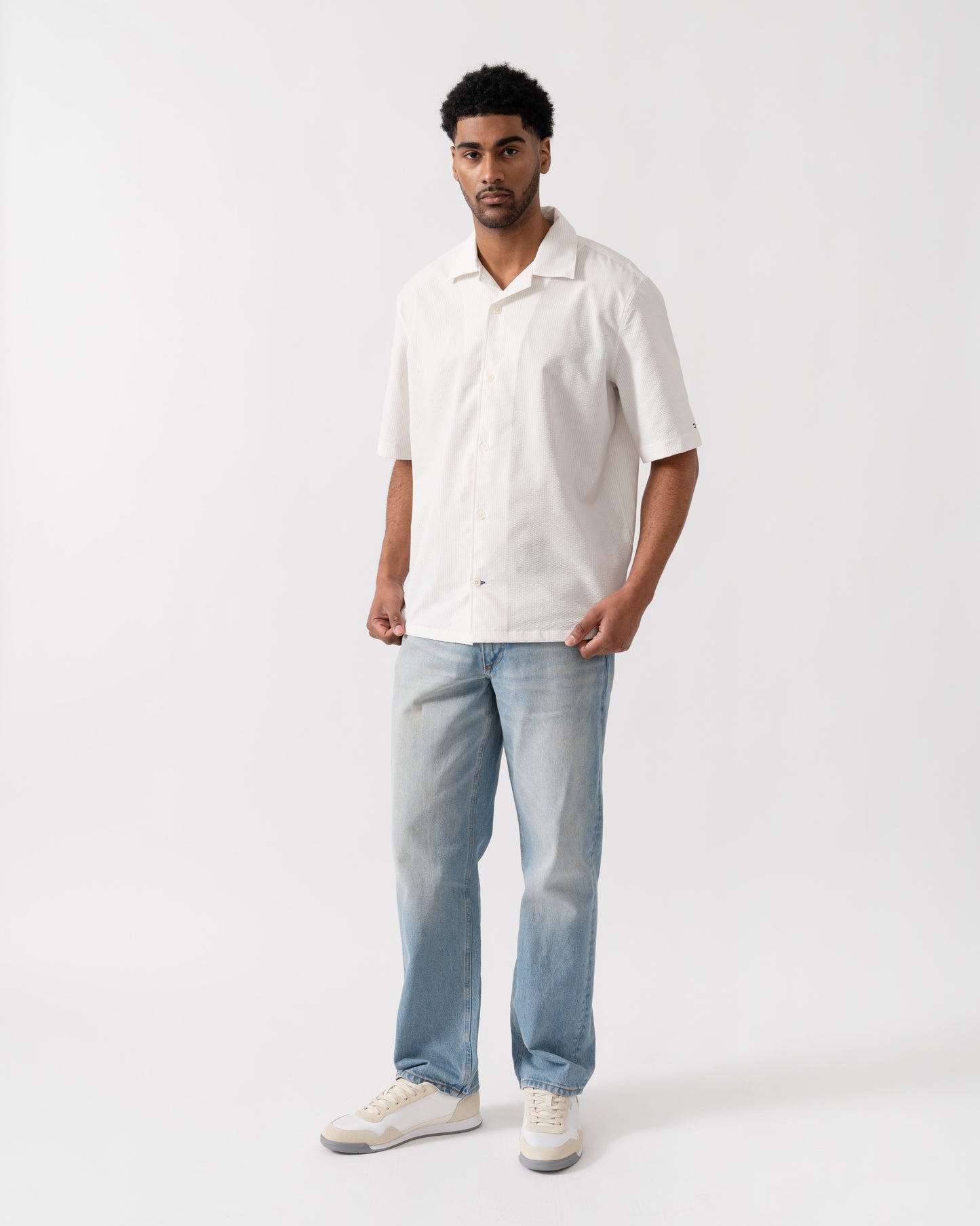 Tommy Hilfiger Performance Seersucker Mens Short Sleeve Shirt - Ivory Petal/Ecru Stripe