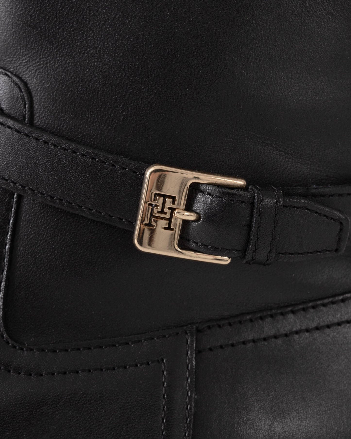 Tommy Hilfiger TH Buckle Womens Riding Leather Booties - Black - CHO - Designer Womens Short Boots