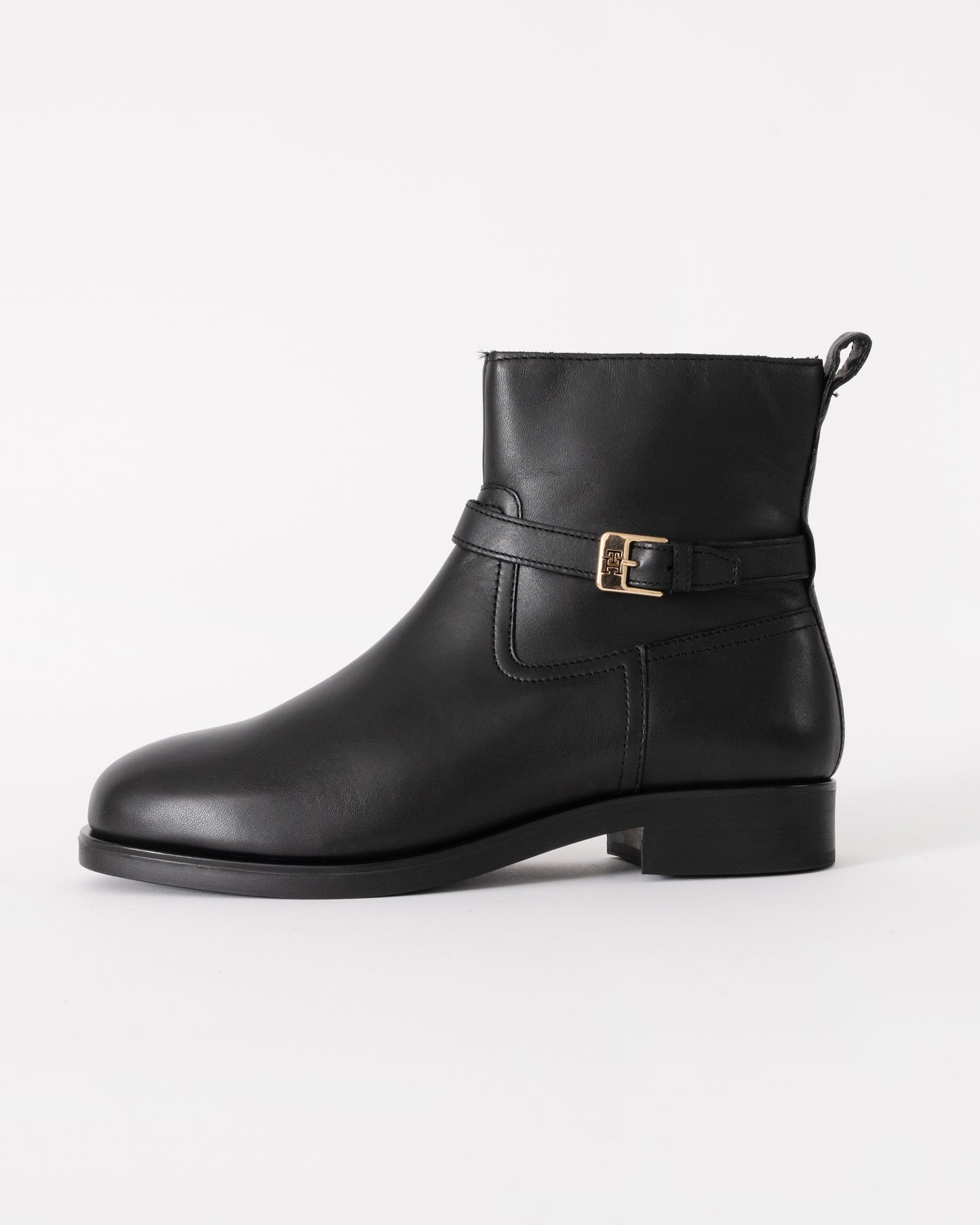 Tommy Hilfiger TH Buckle Womens Riding Leather Booties - Black - CHO - Designer Womens Short Boots