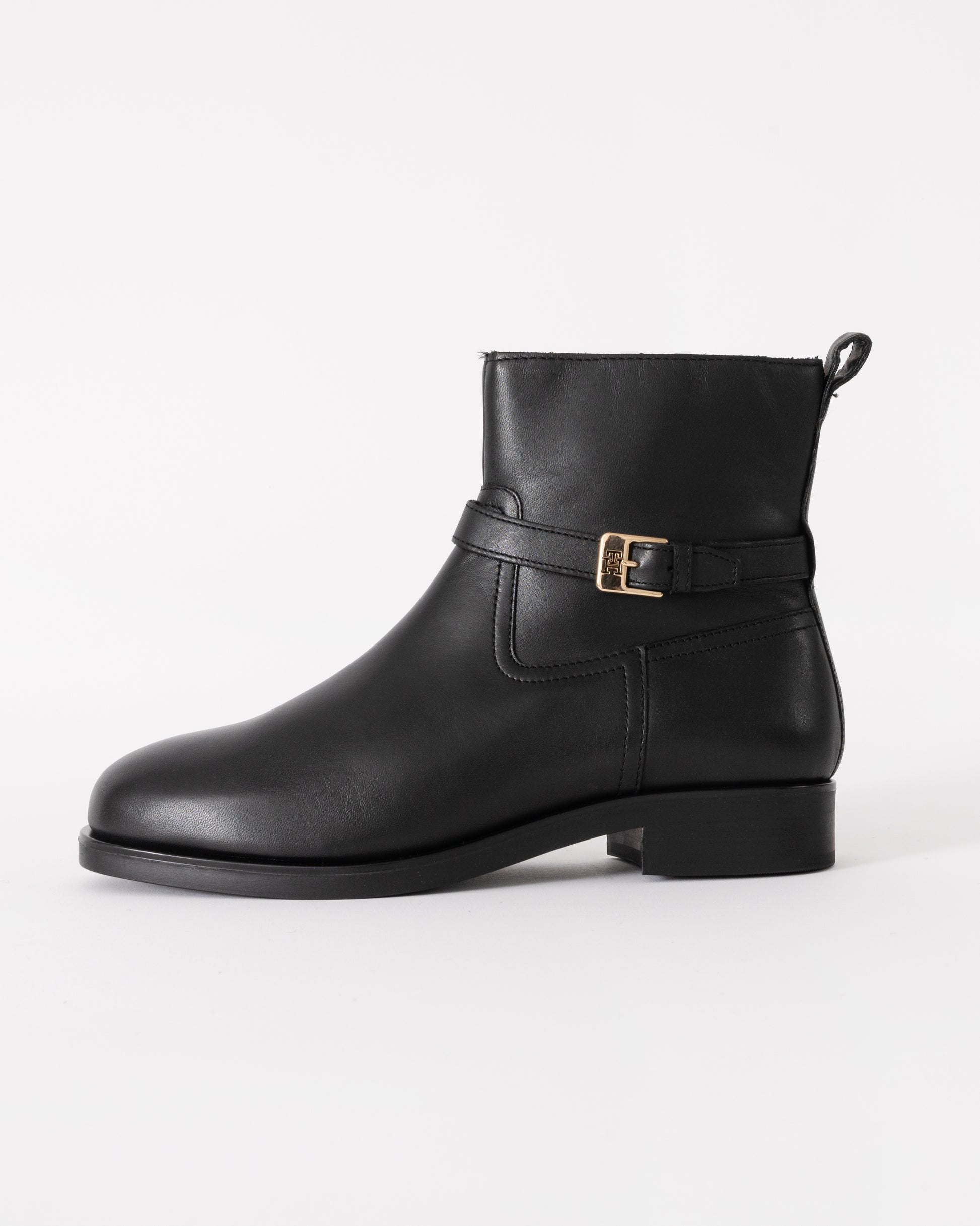 Tommy Hilfiger TH Buckle Womens Riding Leather Booties - Black - CHO - Designer Womens Short Boots