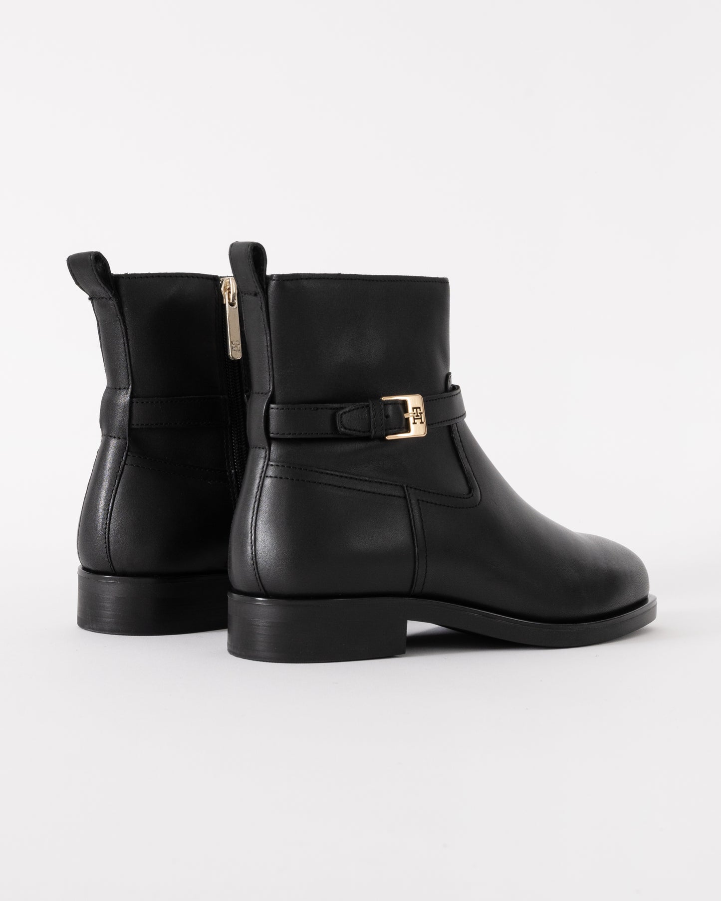 Tommy Hilfiger TH Buckle Womens Riding Leather Booties - Black - CHO - Designer Womens Short Boots