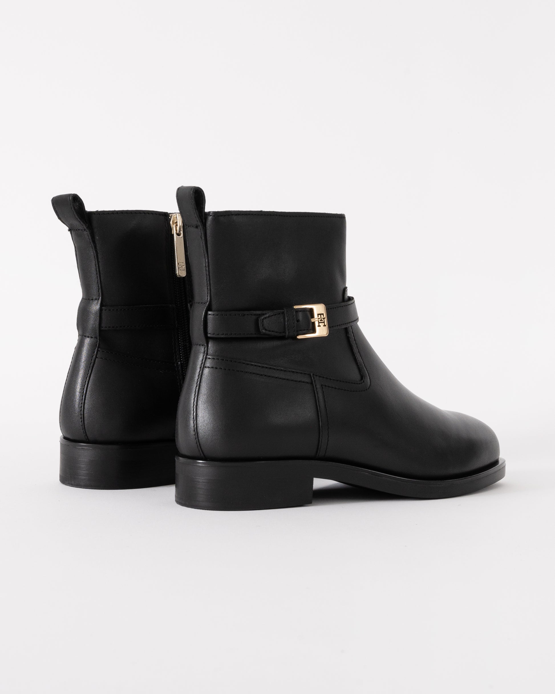 Tommy Hilfiger TH Buckle Womens Riding Leather Booties - Black - CHO - Designer Womens Short Boots