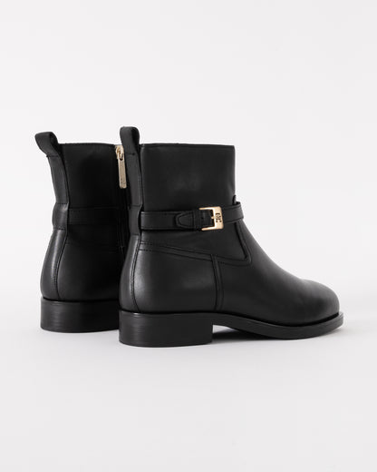 Tommy Hilfiger TH Buckle Womens Riding Leather Booties - Black - CHO - Designer Womens Short Boots