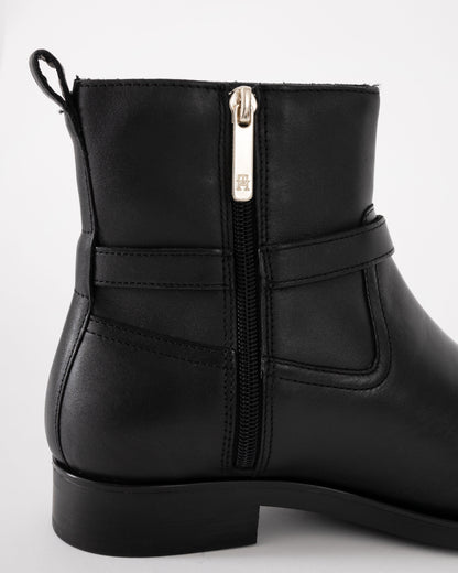 Tommy Hilfiger TH Buckle Womens Riding Leather Booties - Black - CHO - Designer Womens Short Boots