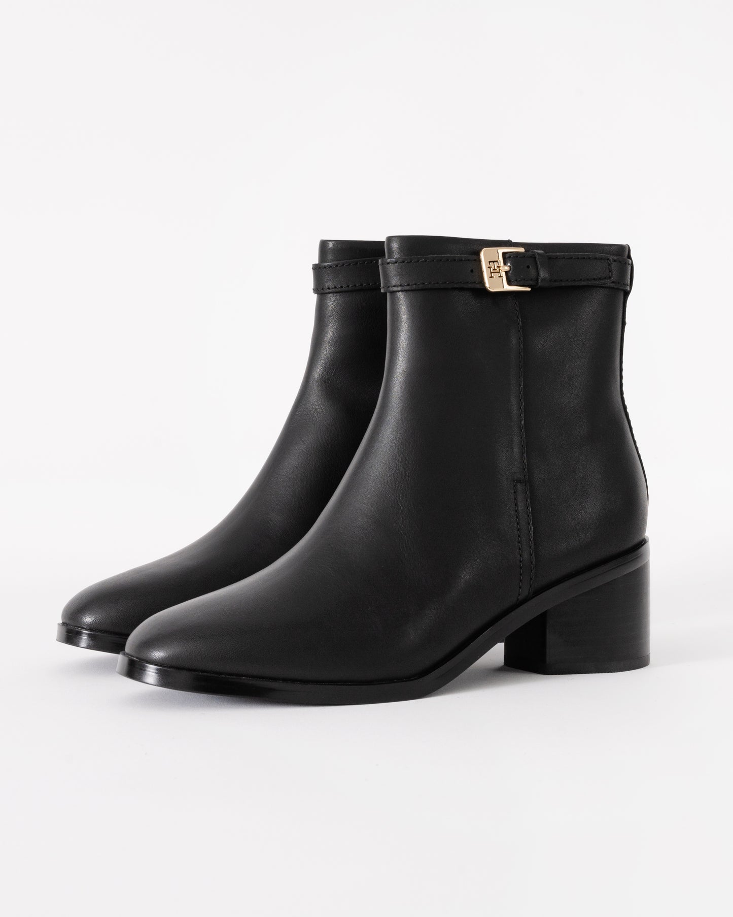 Tommy Hilfiger TH Buckle Womens Riding Leather Mid-Heel Booties in Black