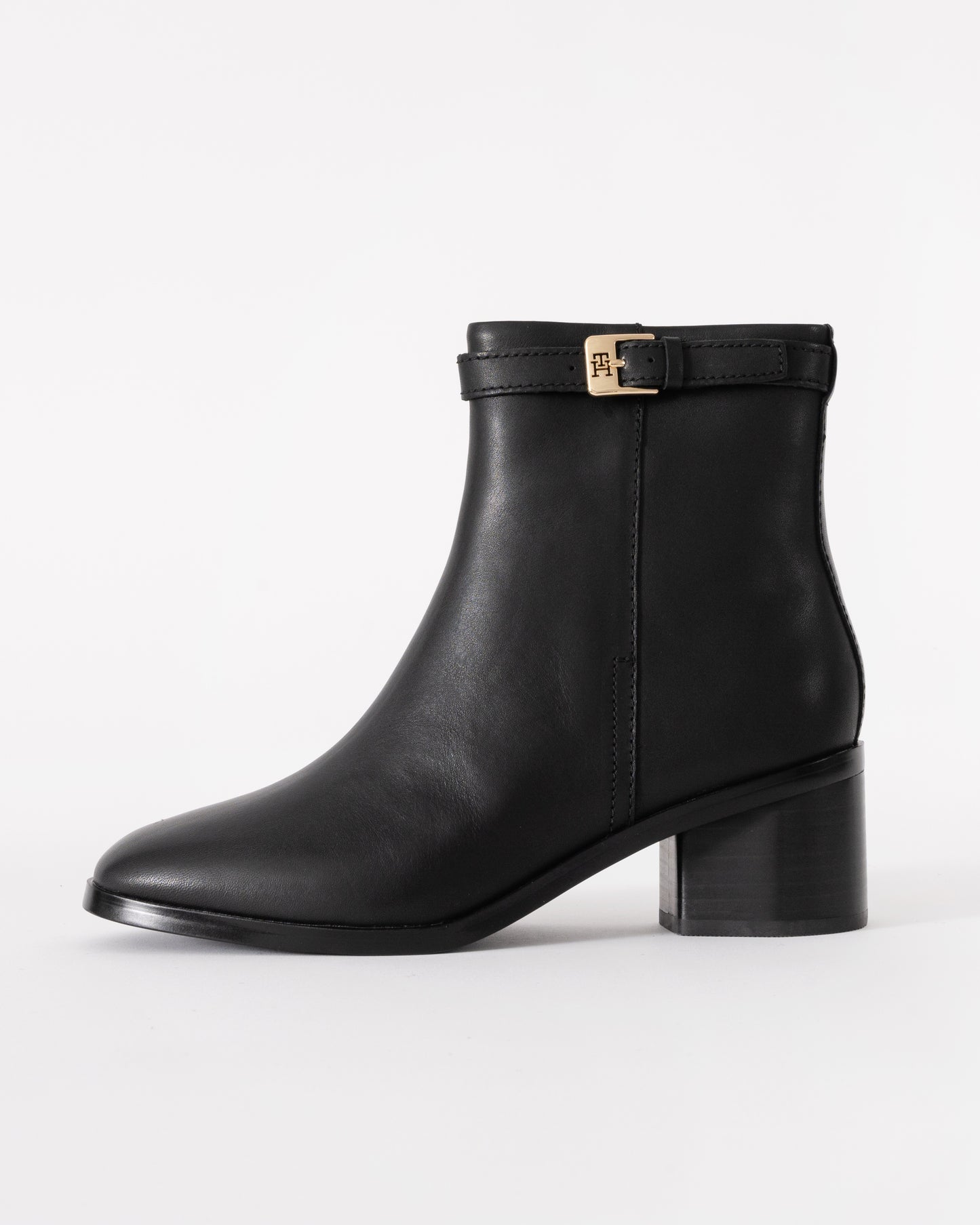 Tommy Hilfiger Womens Buckle Leather Mid-Heel Booties - Black