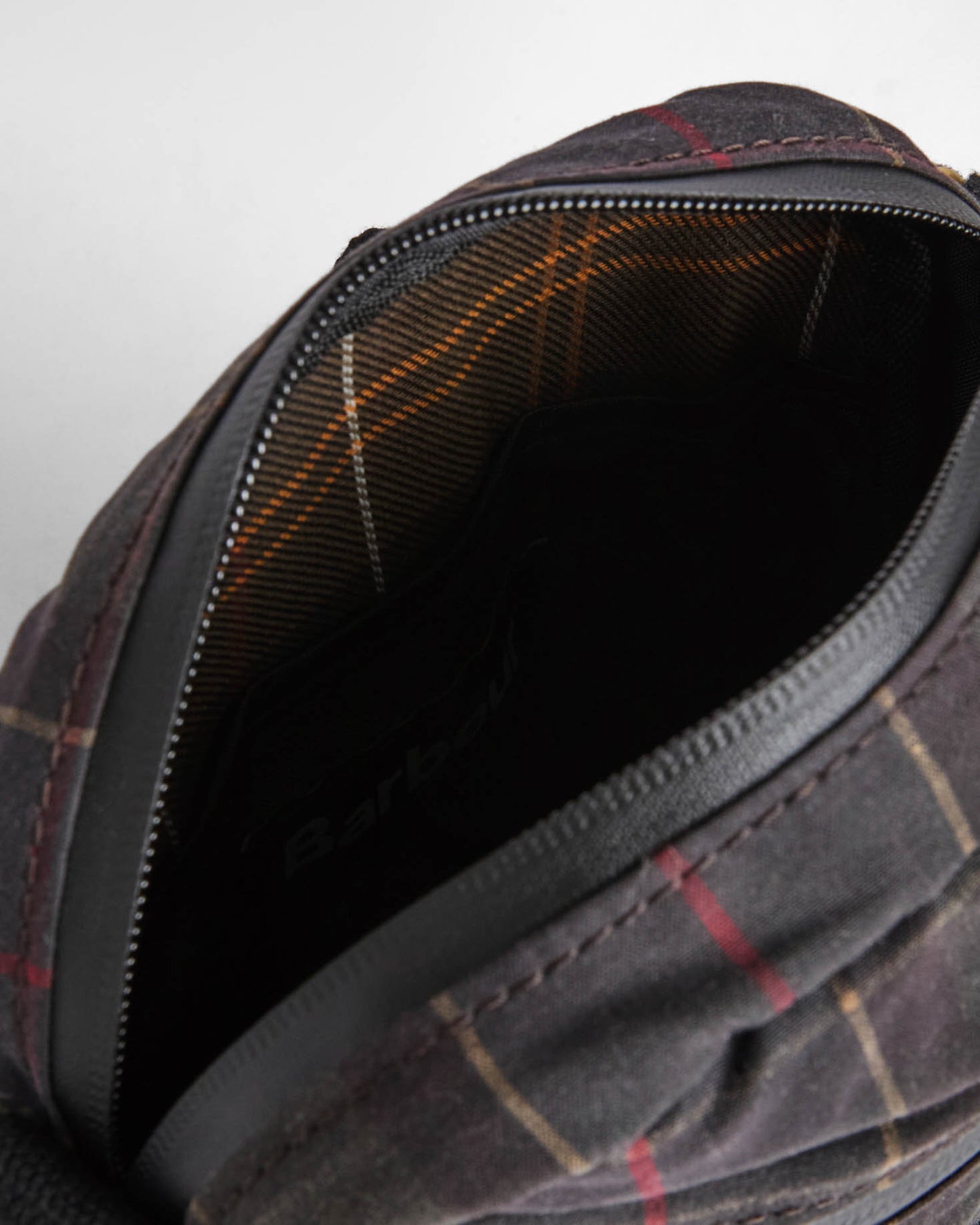 Barbour Field Tartan Wax Crossbody Bag - Dark Classic Tartan, open.