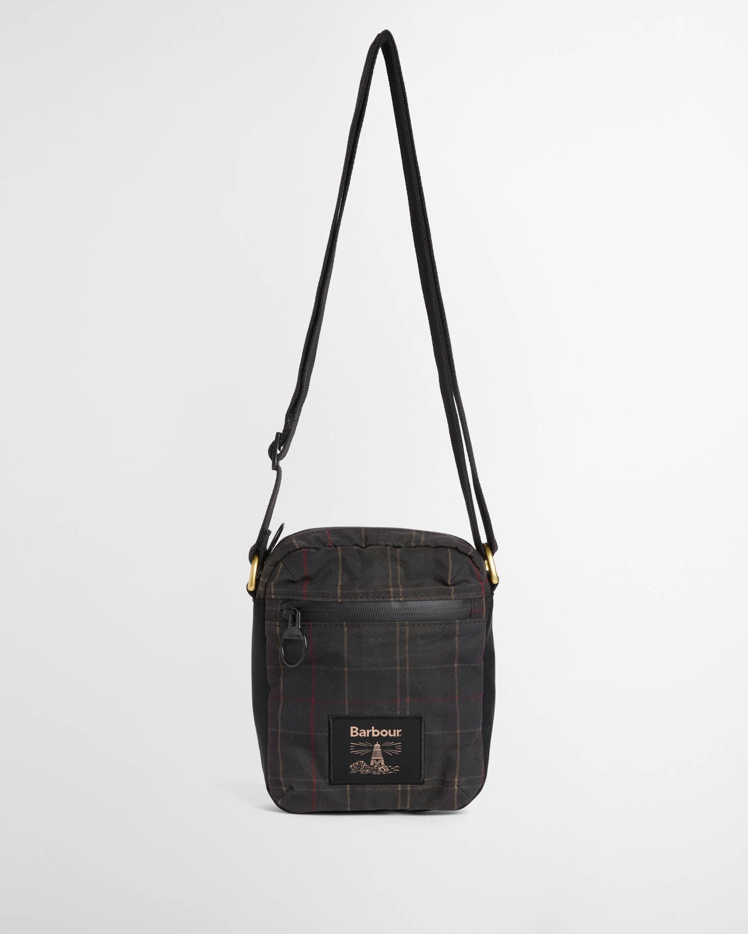 Barbour Field Tartan Wax Crossbody Bag - Dark Classic Tartan front with strap.