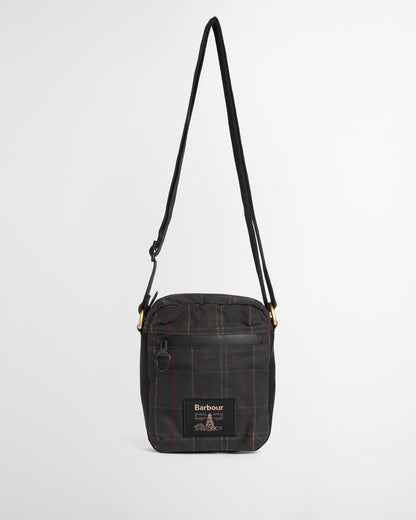 Barbour Field Tartan Wax Crossbody Bag - Dark Classic Tartan front with strap.