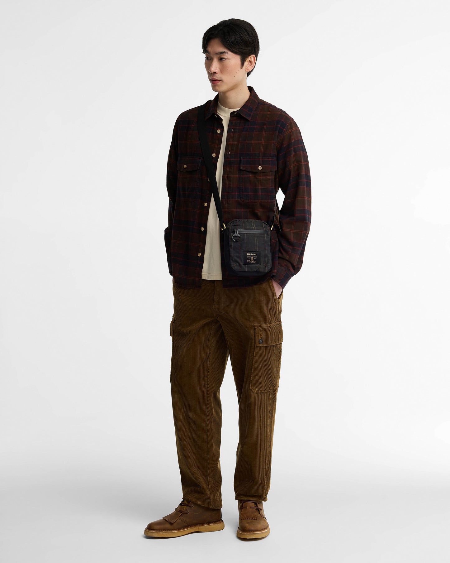 Barbour Field Tartan Wax Crossbody Bag - Dark Classic Tartan, full length model.