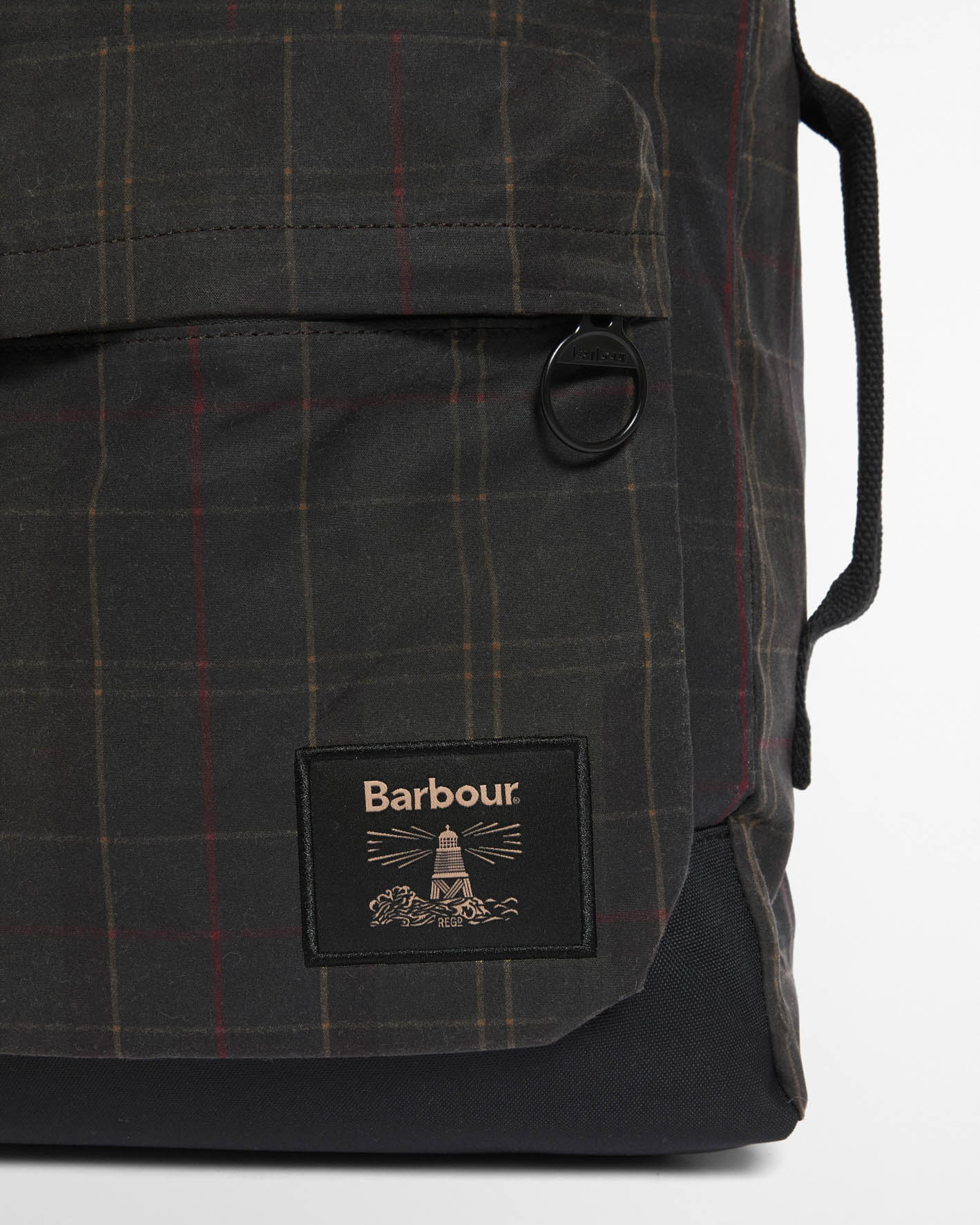 Barbour Field Tartan Wax Backpack - Dark Classic Tartan, zip/logo detail.