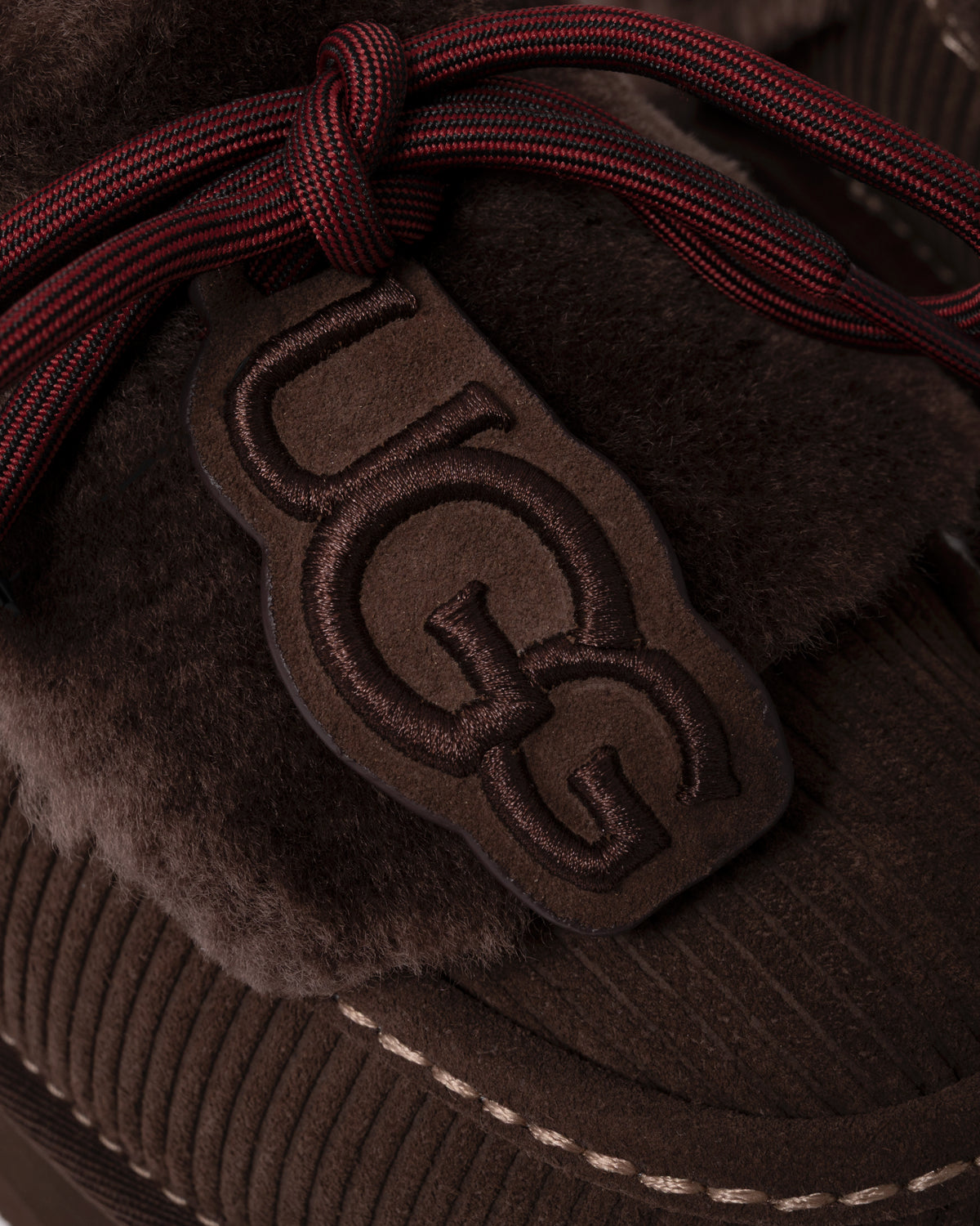 Studio photograph showing detail of UGG Womens Disquette Heritage Slippers in Burnt Cedar