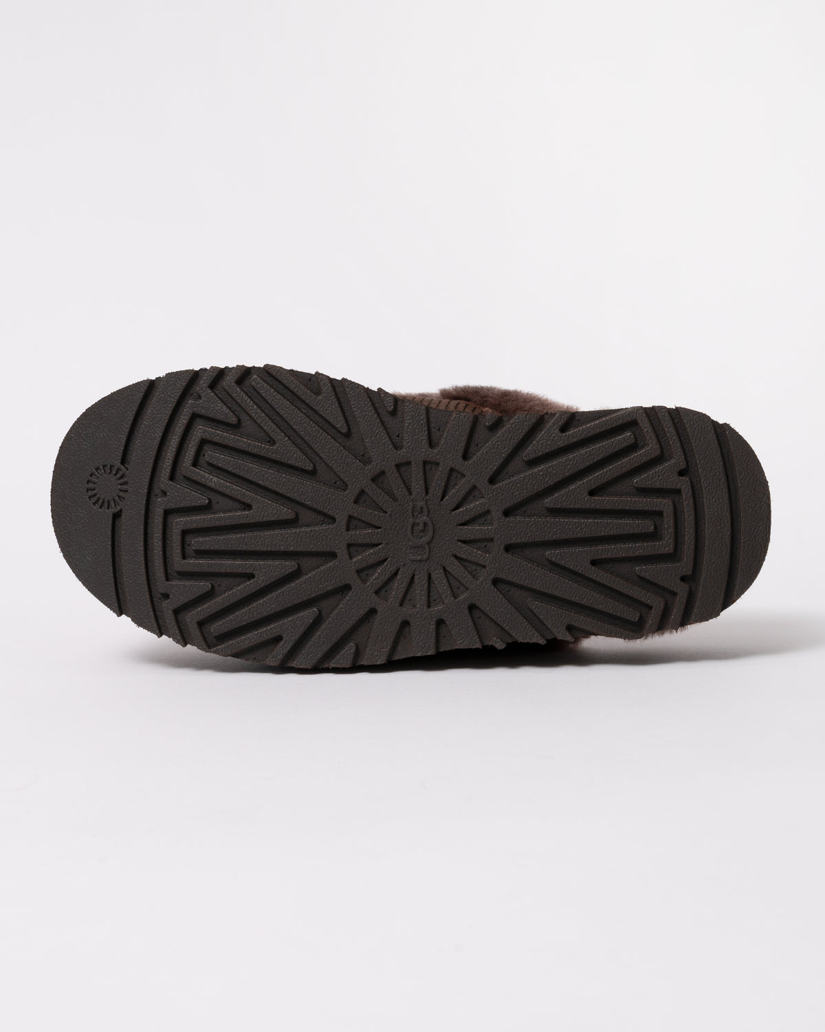 Studio photograph showing sole of UGG Womens Disquette Heritage Slippers in Burnt Cedar