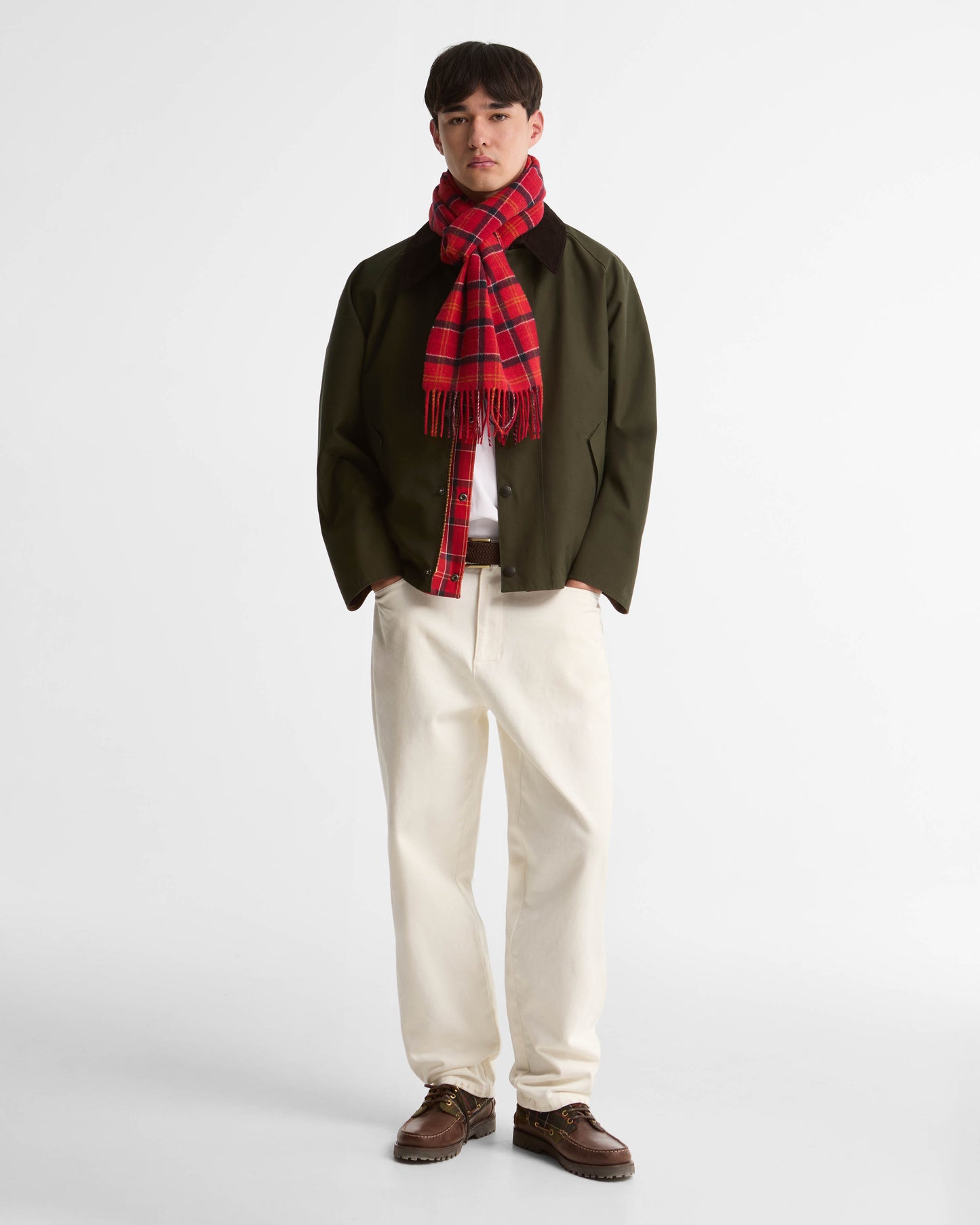 Barbour Tartan Unisex Lambswool Scarf - Cardinal Tartan, model.