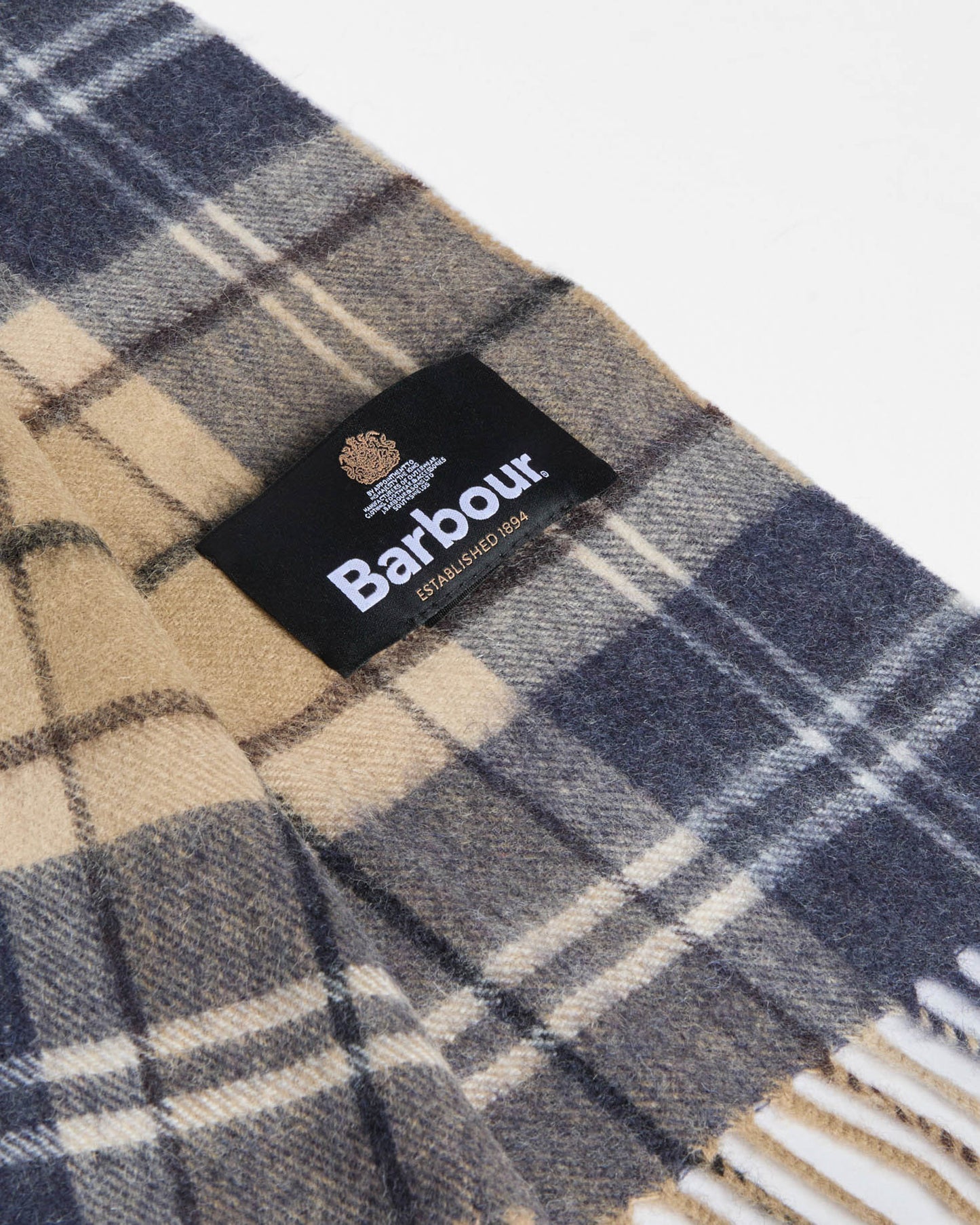 Barbour Merino Cashmere Tartan Scarf - Birchwood Dress Tartan, detail.
