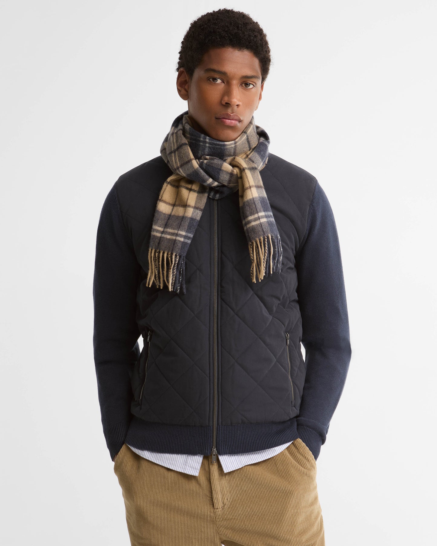 Barbour Merino Cashmere Tartan Scarf - Birchwood Dress Tartan, model.