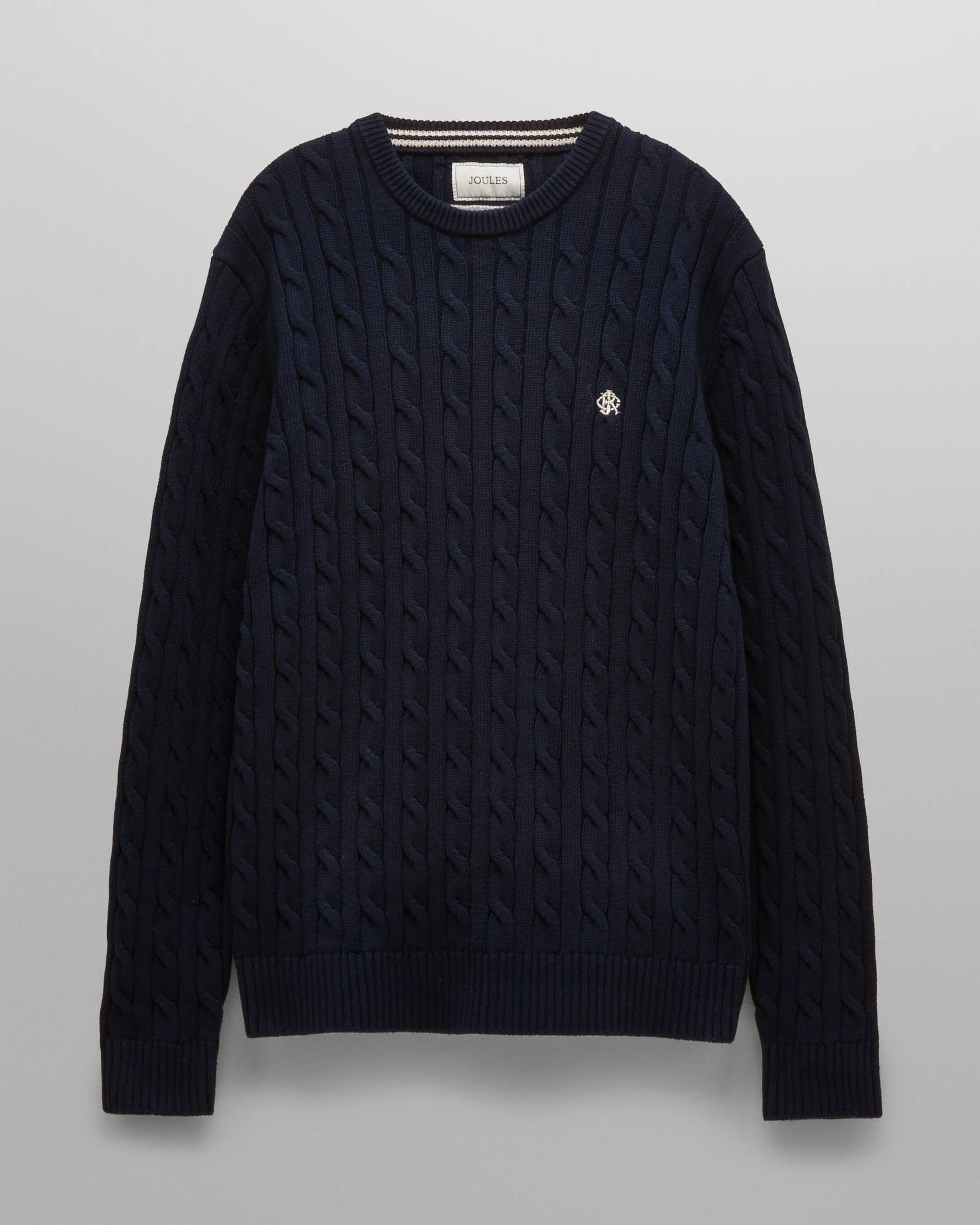 Joules Mens Cable Knit Crew Neck Jumper - Navy | CHO | Designer Mens Crew Neck Jumpers