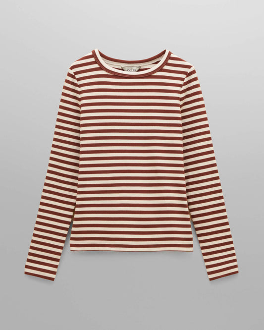 Joules Sophie Womens Long Sleeve Ribbed Fitted T - Shirt - Russet Creme | CHO | Designer Womens Short Sleeve T - Shirts