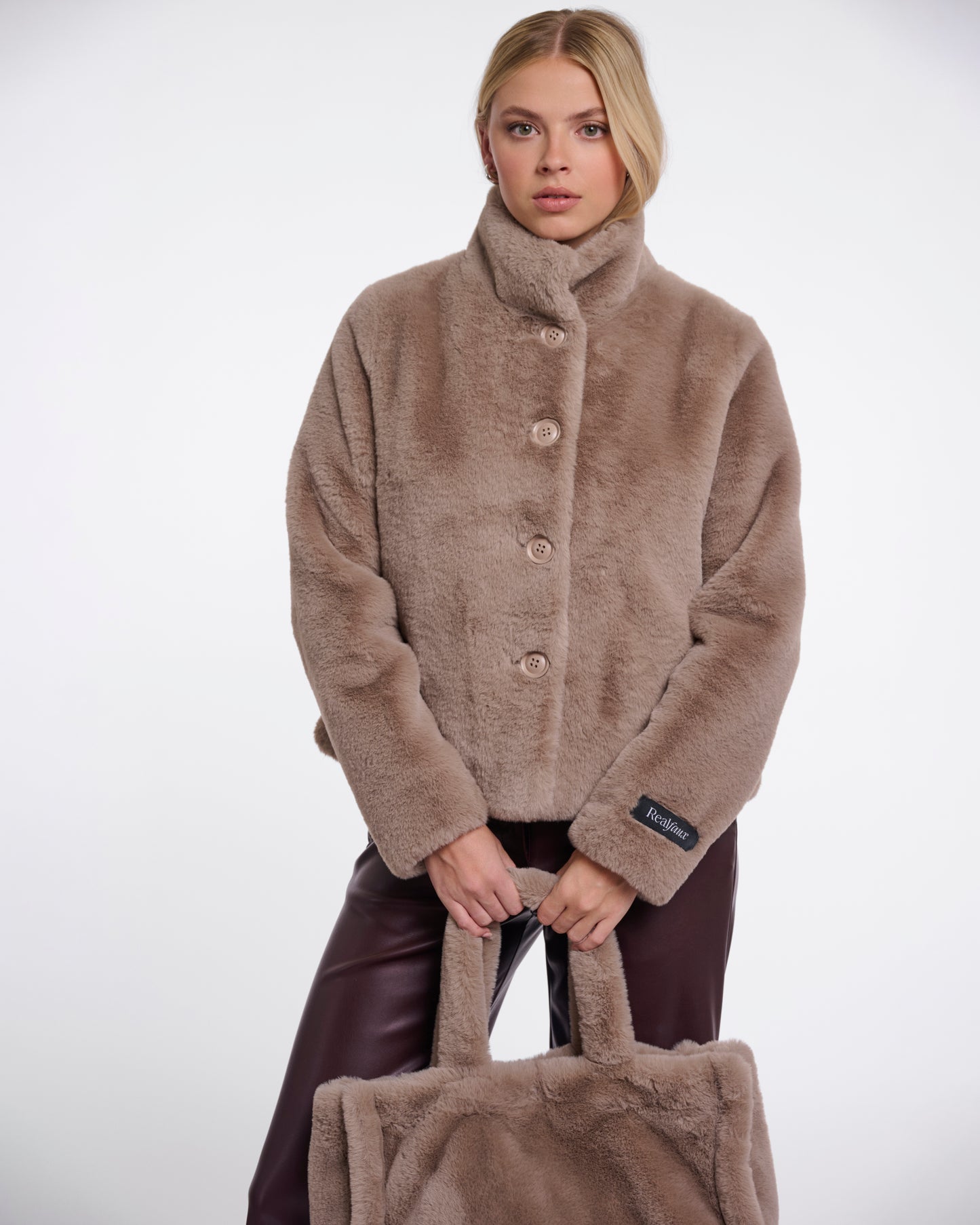 Rino & Pelle Vie Womens Single Breasted Faux Fur Jacket - Mocha Latte