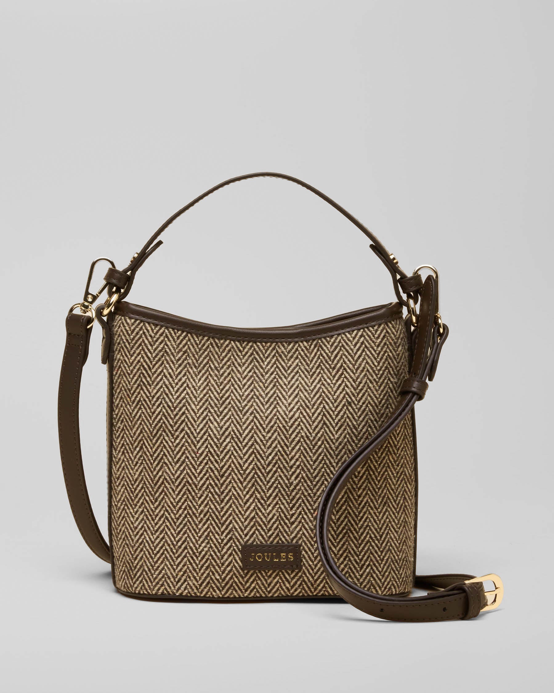 Joules Womens Bucket Bag - Neutral Herringbone, front