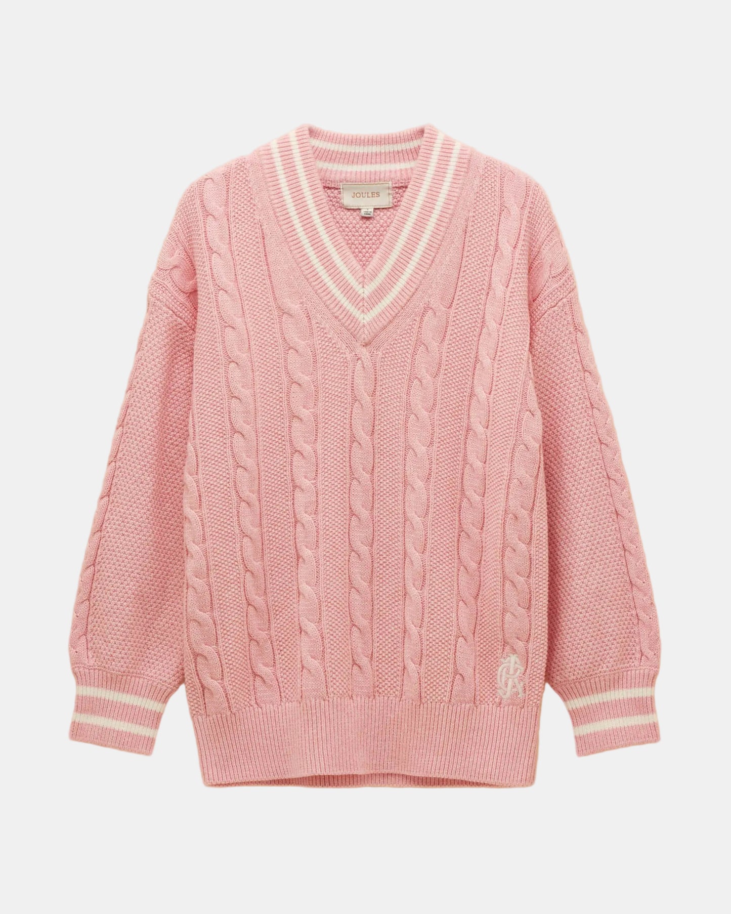 Joules Dibly Womens V-Neck Cable Knit Jumper - Pink | CHO | Designer Womens Jumpers