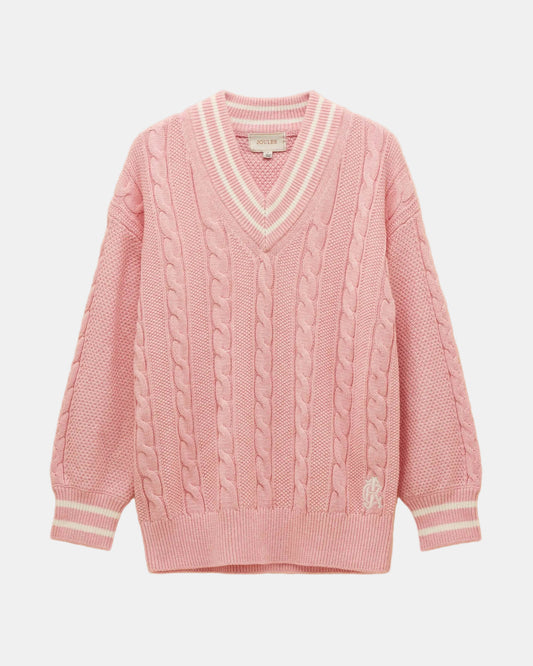 Joules Dibly Womens V-Neck Cable Knit Jumper - Pink | CHO | Designer Womens Jumpers