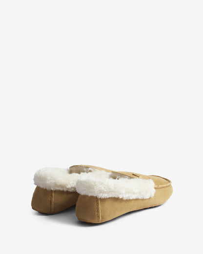 Hunter Womens Sherpa Collar Moccasin Slippers - Natural, pair from behind
