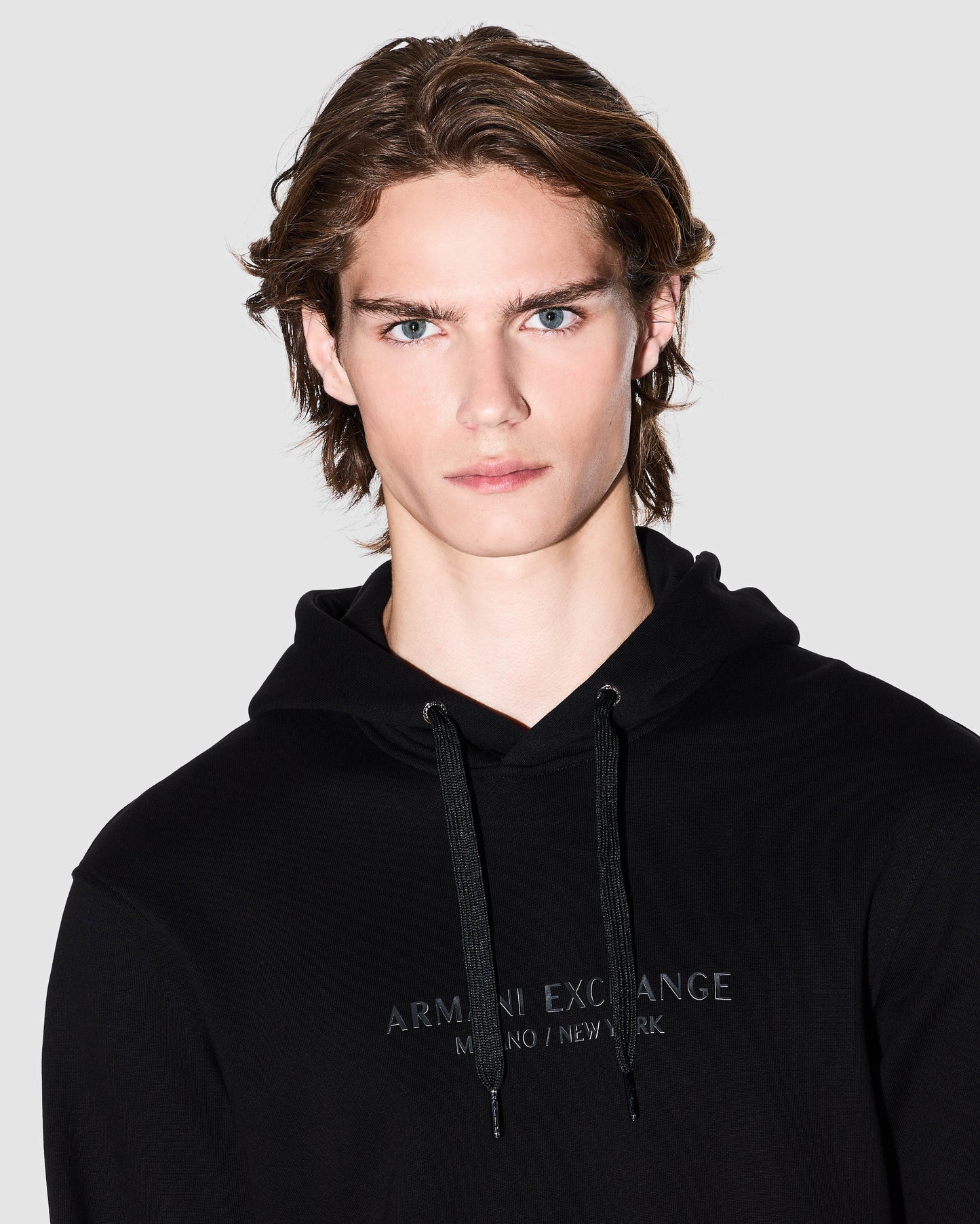 Armani Exchange Mens Pullover Hoodie with Tonal Milano/New York Logo - Black UC001 - CHO - Designer Mens Pullover Hoodies
