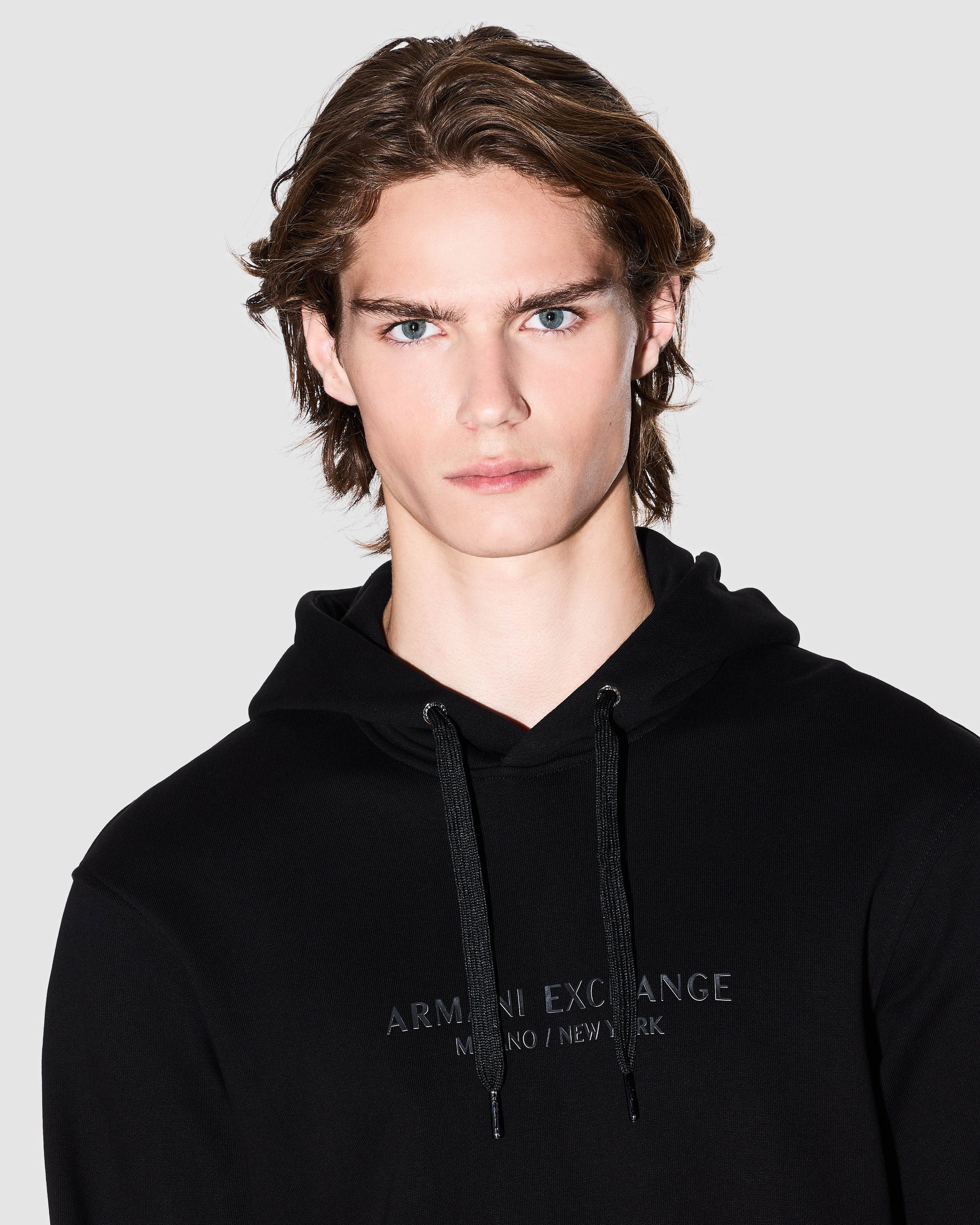 Armani Exchange Mens Pullover Hoodie with Tonal Milano/New York Logo - Black UC001 - CHO - Designer Mens Pullover Hoodies