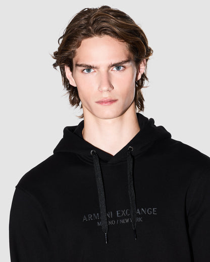 Armani Exchange Mens Pullover Hoodie with Tonal Milano/New York Logo - Black UC001 - CHO - Designer Mens Pullover Hoodies