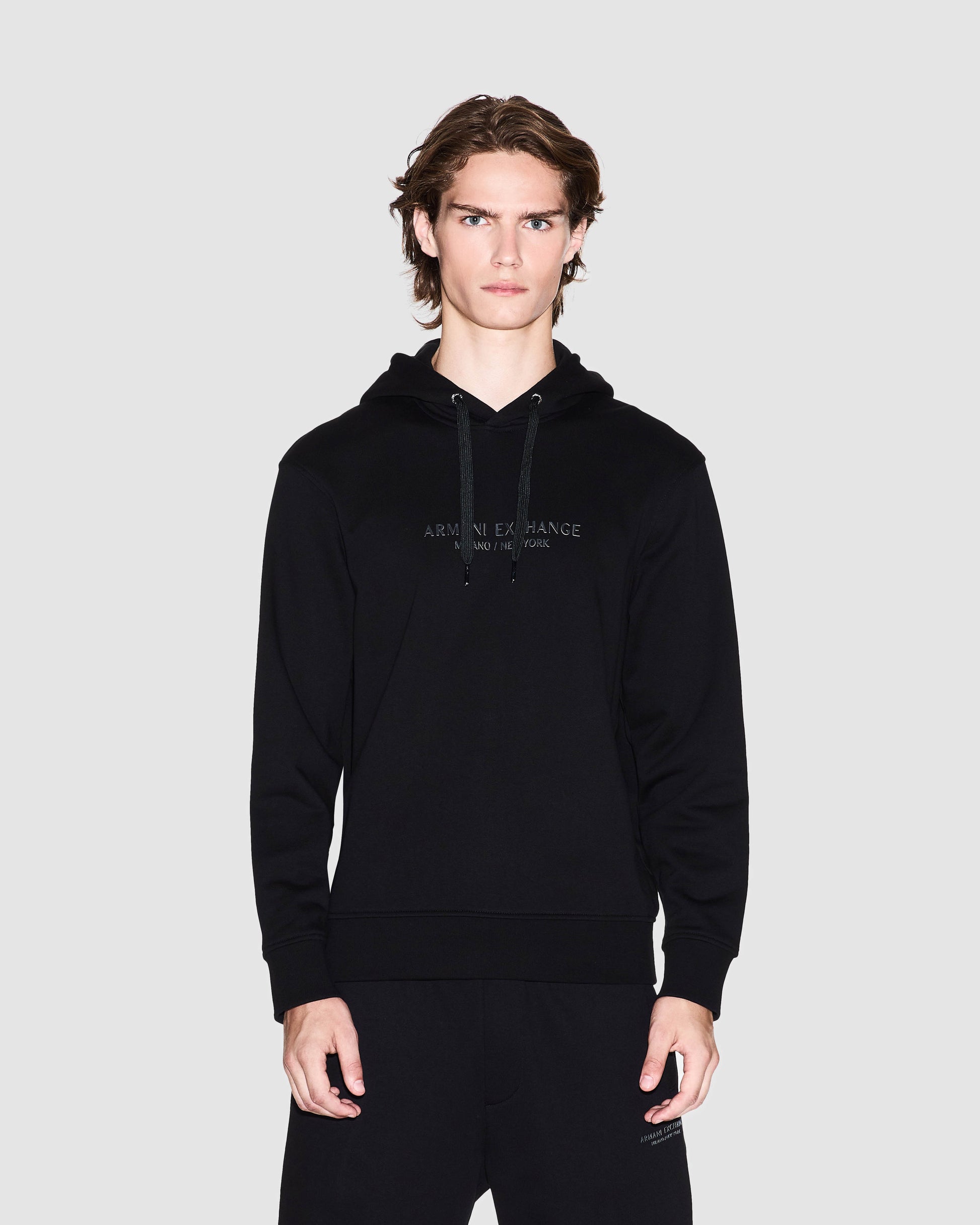 Armani Exchange Mens Pullover Hoodie with Tonal Milano/New York Logo - Black UC001 - CHO - Designer Mens Pullover Hoodies