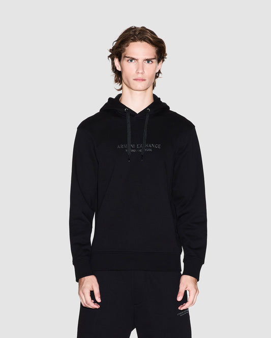 Armani Exchange Mens Pullover Hoodie with Tonal Milano/New York Logo - Black UC001 - CHO - Designer Mens Pullover Hoodies