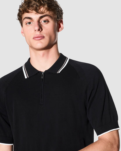 Armani Exchange Mens Zip Placket Knit Polo - Black UC001 - CHO - Designer Mens Short Sleeve Polo Shirts