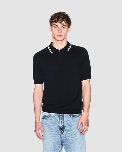 Armani Exchange Mens Zip Placket Knit Polo - Black UC001 - CHO - Designer Mens Short Sleeve Polo Shirts