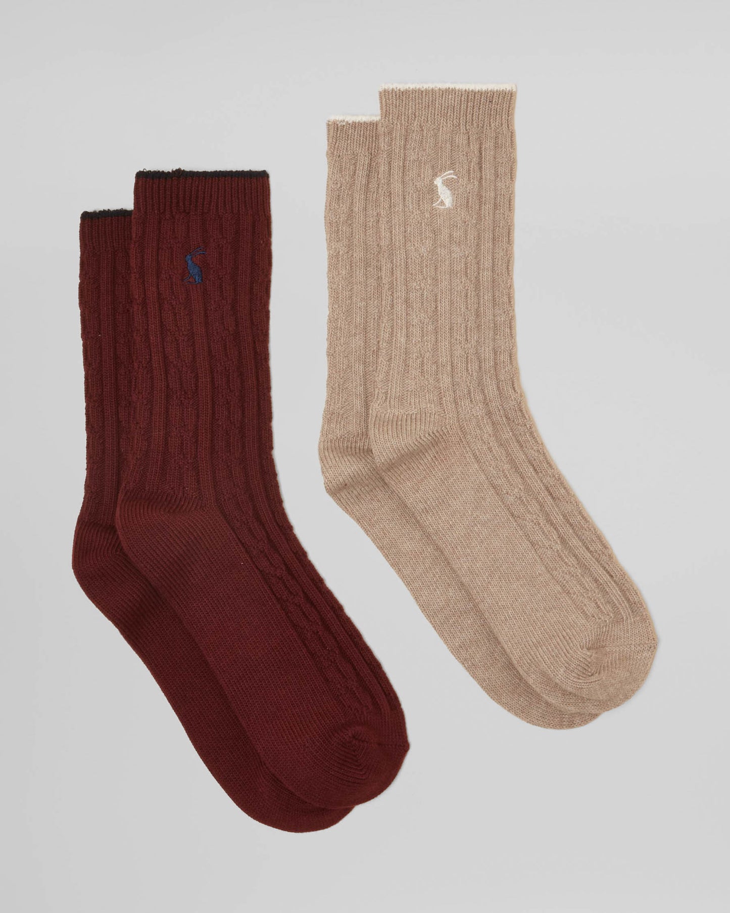 Joules 2 Pack Womens Cable Knit Cotton Blend Socks - Oat/Berry