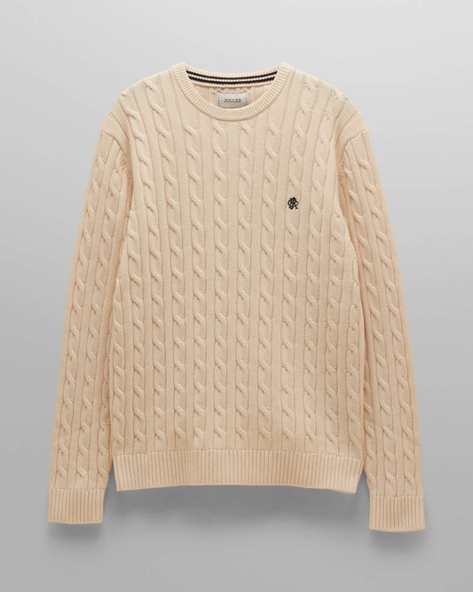 Joules Mens Cable Knit Crew Neck Jumper - Cream | CHO | Designer Mens Crew Neck Jumpers