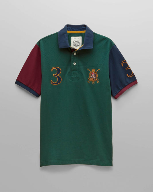 Joules Woody Mens Embellished Polo Shirt - Green/Burgundy | CHO | Designer Mens Polo Shirts