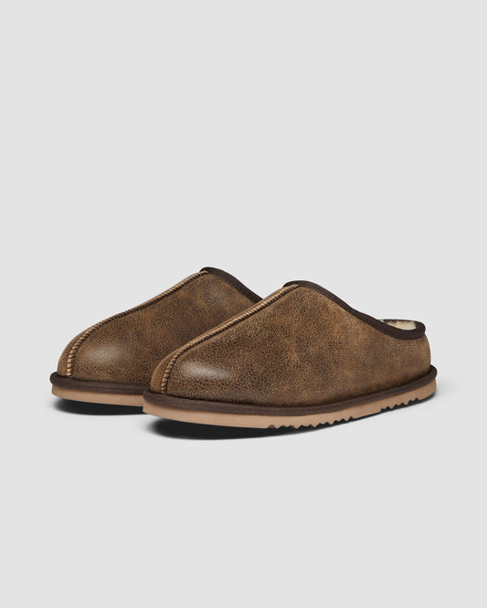 Oliver Sweeney Yaxley Mens Leather Shearling Mule Slippers - Olive Brown | CHO | Designer Mens Slippers