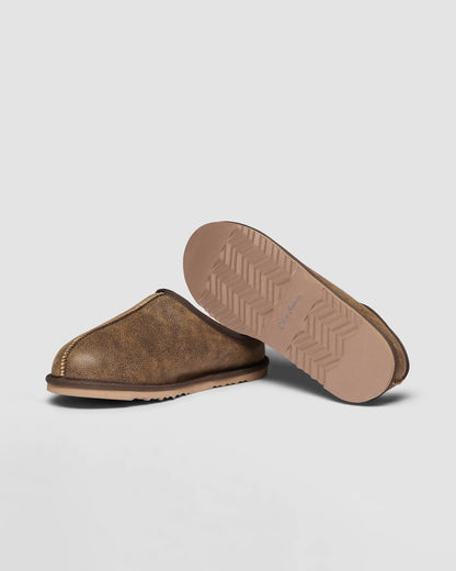 Oliver Sweeney Yaxley Mens Leather Shearling Mule Slippers - Olive Brown