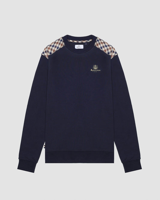 Aquascutum Mens Club Check Shoulder Crew Neck Fleece Sweatshirt - Navy 11