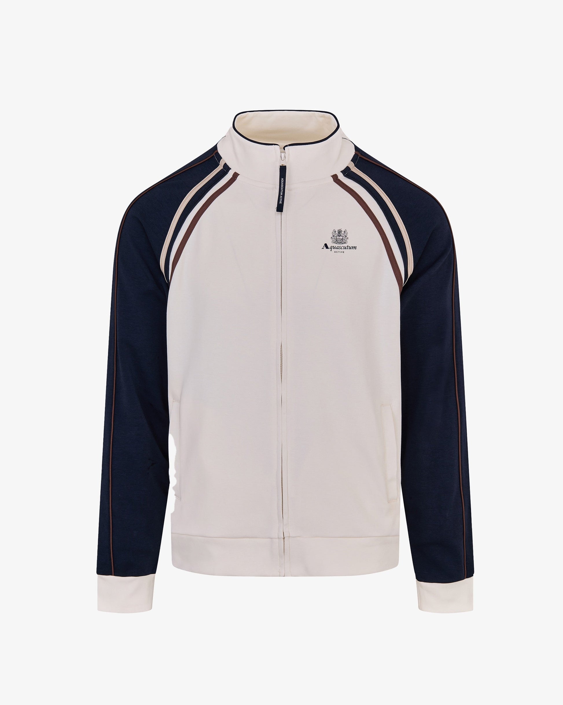Aquascutum Mens Scuba Stripes Mock Neck Sweatshirt - Optical White 01 | CHO | Designer Mens Sweatshirts